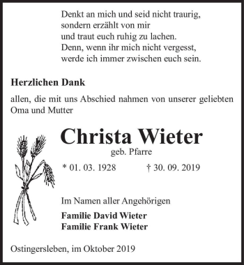 Traueranzeige von Christa Wieter (geb. Pfarre)  von Magdeburger Volksstimme