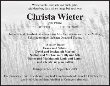 Traueranzeige von Christa Wieter (geb. Pfarre)  von Magdeburger Volksstimme