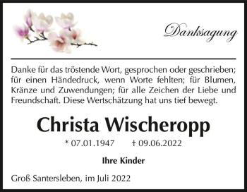 Traueranzeige von Christa Wischeropp  von Magdeburger Volksstimme