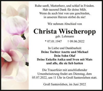 Traueranzeige von Christa Wischeropp (geb. Lehmann)  von Magdeburger Volksstimme