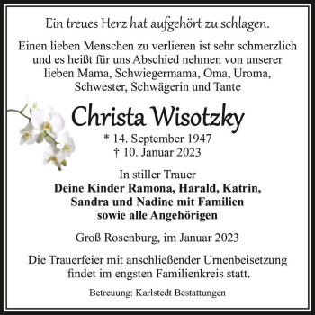 Traueranzeige von Christa Wisotzky  von Magdeburger Volksstimme