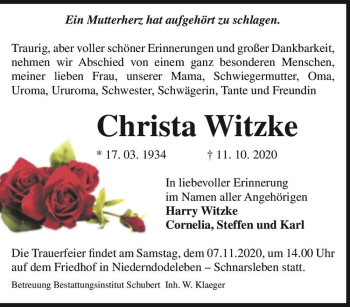Traueranzeige von Christa Witzke  von Magdeburger Volksstimme