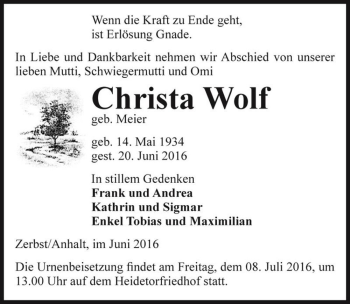 Traueranzeige von Christa Wolf (geb. Meier)  von Magdeburger Volksstimme