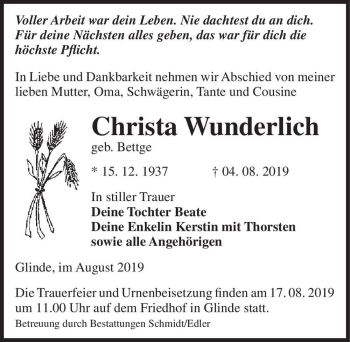 Traueranzeige von Christa Wunderlich (geb. Bettge)  von Magdeburger Volksstimme