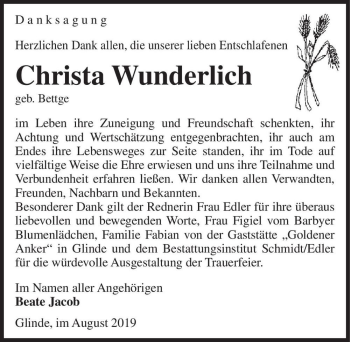 Traueranzeige von Christa Wunderlich (geb. Bettge)  von Magdeburger Volksstimme