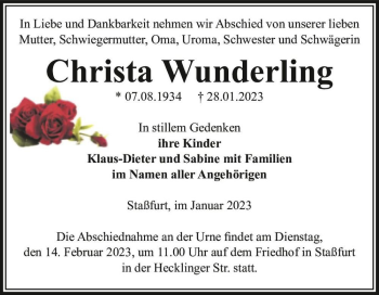 Traueranzeige von Christa Wunderling  von Magdeburger Volksstimme