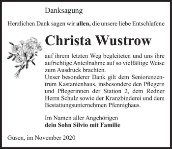 Traueranzeige von Christa Wustrow  von Magdeburger Volksstimme
