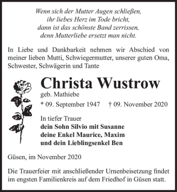 Traueranzeige von Christa Wustrow (geb. Mathiebe)  von Magdeburger Volksstimme