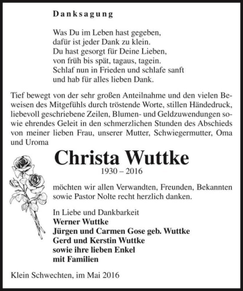 Traueranzeige von Christa Wuttke  von Magdeburger Volksstimme