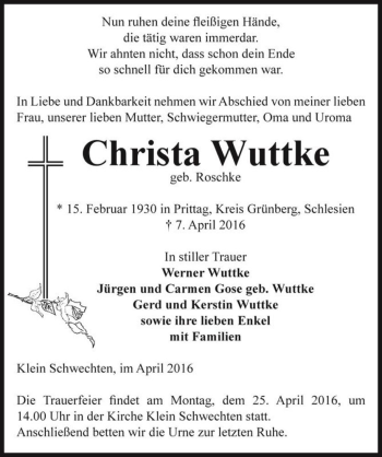 Traueranzeige von Christa Wuttke (geb. Roschke)  von Magdeburger Volksstimme