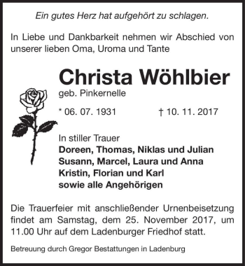 Traueranzeige von Christa Wöhlbier (geb. Pinkernelle)  von Magdeburger Volksstimme