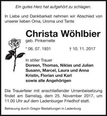 Traueranzeige von Christa Wöhlbier (geb. Pinkernelle)  von Magdeburger Volksstimme