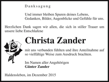 Traueranzeige von Christa Zander  von Magdeburger Volksstimme