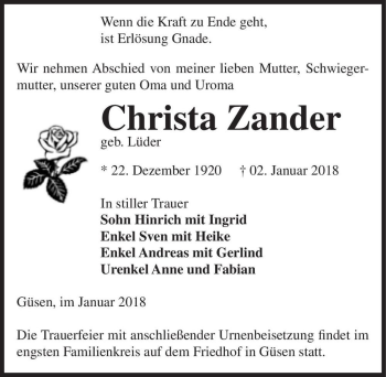Traueranzeige von Christa Zander (geb. Lüder)  von Magdeburger Volksstimme