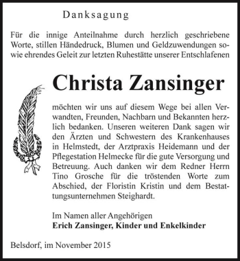 Traueranzeige von Christa Zansinger  von Magdeburger Volksstimme