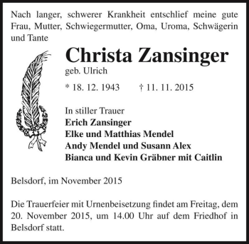 Traueranzeige von Christa Zansinger (geb. Ulrich)  von Magdeburger Volksstimme