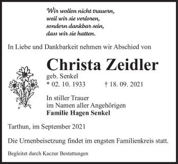 Traueranzeige von Christa Zeidler (geb. Senkel)  von Magdeburger Volksstimme