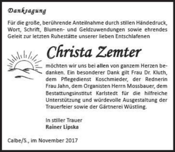 Traueranzeige von Christa Zemter  von Magdeburger Volksstimme