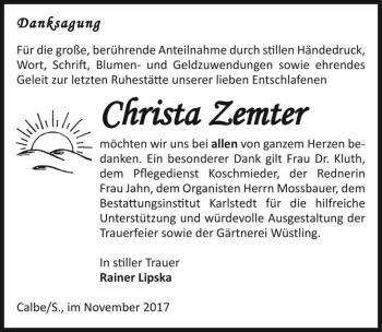 Traueranzeige von Christa Zemter  von Magdeburger Volksstimme