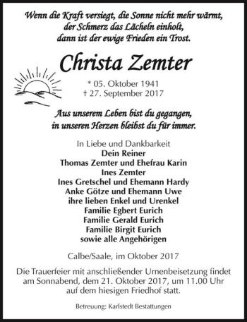 Traueranzeige von Christa Zemter  von Magdeburger Volksstimme