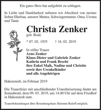 Traueranzeige von Christa Zenker (geb. Bode)  von Magdeburger Volksstimme