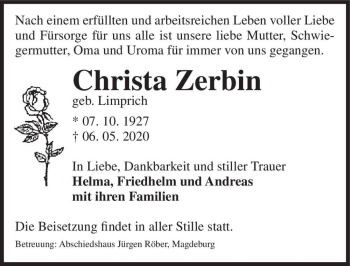 Traueranzeige von Christa Zerbin (geb. Limprich)  von Magdeburger Volksstimme