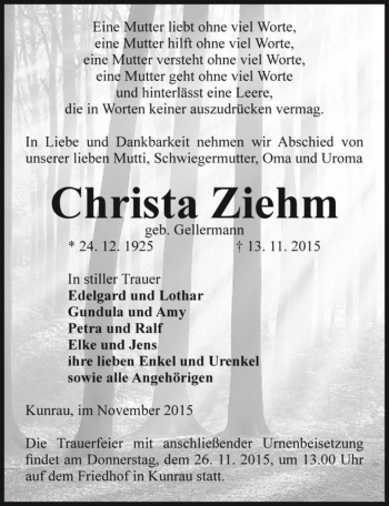 Traueranzeige von Christa Ziehm (geb. Gellermann)  von Magdeburger Volksstimme