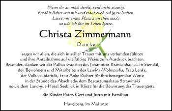 Traueranzeige von Christa Zimmermann  von Magdeburger Volksstimme