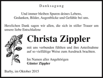 Traueranzeige von Christa Zippler  von Magdeburger Volksstimme