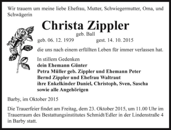 Traueranzeige von Christa Zippler (geb. Ball)  von Magdeburger Volksstimme