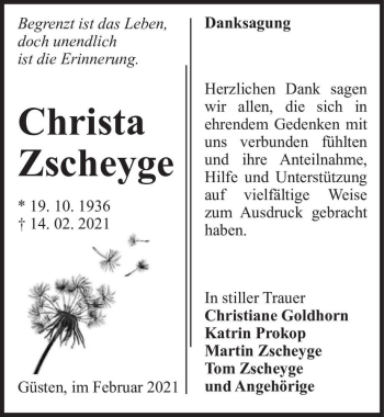 Traueranzeige von Christa Zscheyge  von Magdeburger Volksstimme