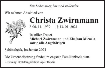 Traueranzeige von Christa Zwirnmann  von Magdeburger Volksstimme