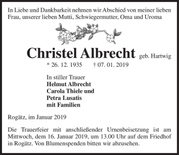 Traueranzeige von Christe. Albrecht (geb. Hartwig)  von Magdeburger Volksstimme