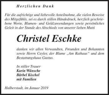 Traueranzeige von Christe Eschke  von Magdeburger Volksstimme