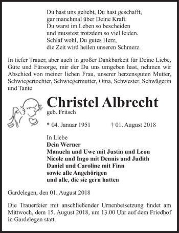 Traueranzeige von Christel Albrecht (geb. Fritsch)  von Magdeburger Volksstimme