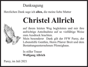 Traueranzeige von Christel Allrich  von Magdeburger Volksstimme