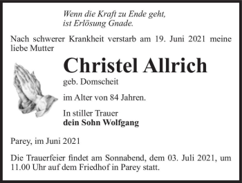 Traueranzeige von Christel Allrich (geb. Domscheit)  von Magdeburger Volksstimme