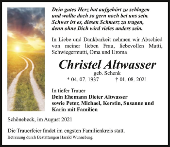 Traueranzeige von Christel Altwasser (geb. Schenk)  von Magdeburger Volksstimme