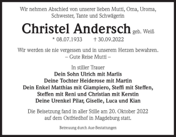 Traueranzeige von Christel Andersch (geb. Weiß)  von Magdeburger Volksstimme