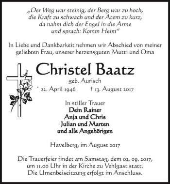 Traueranzeige von Christel Baatz (geb. Aurisch)  von Magdeburger Volksstimme