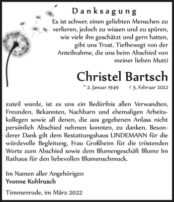 Traueranzeige von Christel Bartsch  von Magdeburger Volksstimme