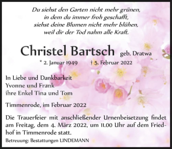 Traueranzeige von Christel Bartsch (geb. Dratwa)  von Magdeburger Volksstimme