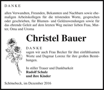 Traueranzeige von Christel Bauer  von Magdeburger Volksstimme