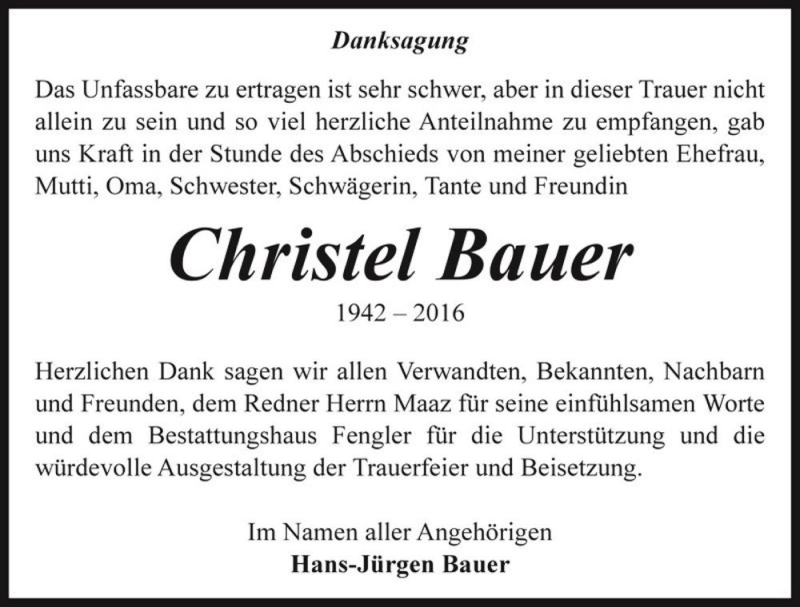  Traueranzeige für Christel Bauer  vom 26.03.2016 aus Magdeburger Volksstimme