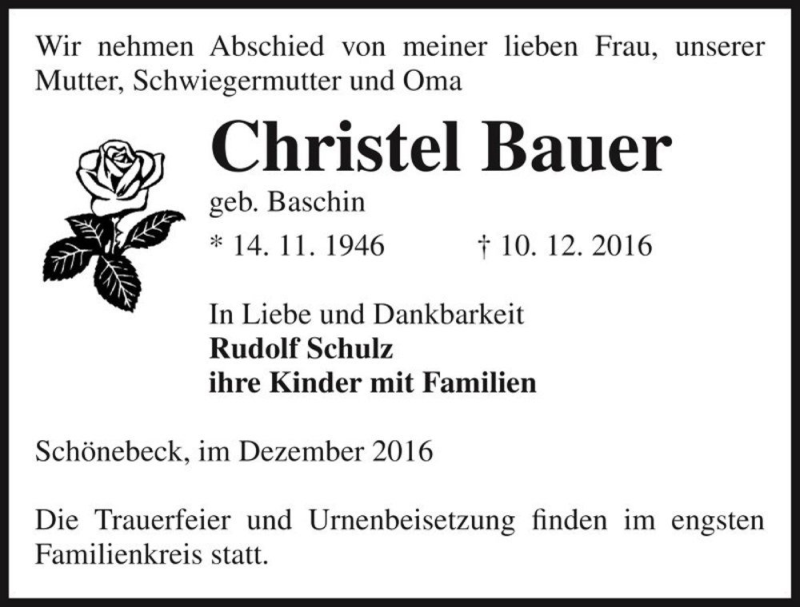  Traueranzeige für Christel Bauer (geb. Baschin)  vom 17.12.2016 aus Magdeburger Volksstimme