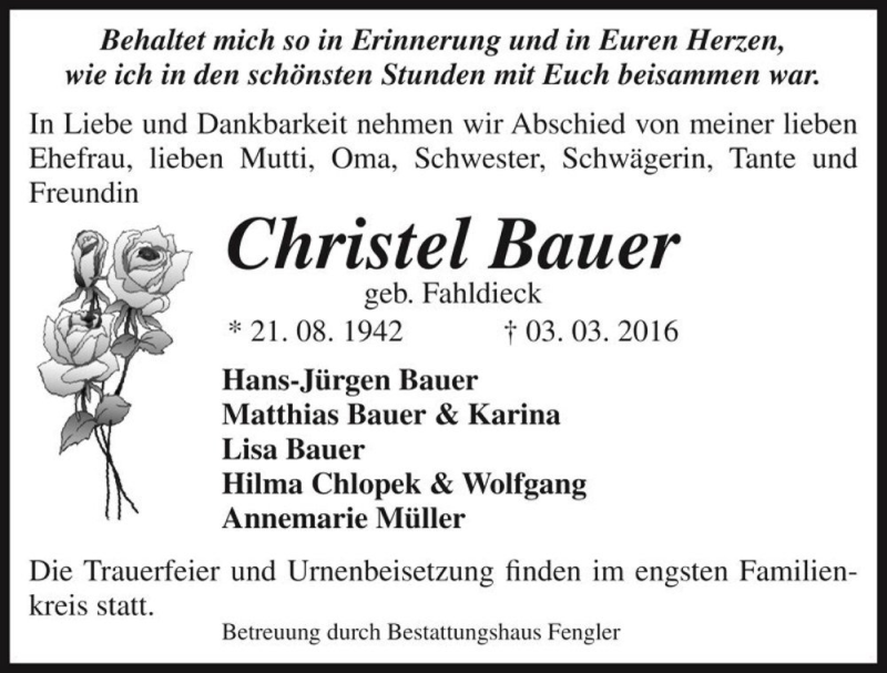  Traueranzeige für Christel Bauer (geb. Fahldieck)  vom 12.03.2016 aus Magdeburger Volksstimme
