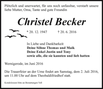 Traueranzeige von Christel Becker  von Magdeburger Volksstimme