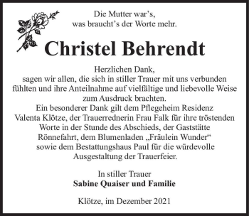 Traueranzeige von Christel Behrendt  von Magdeburger Volksstimme