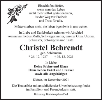 Traueranzeige von Christel Behrendt (geb. Schiemann)  von Magdeburger Volksstimme