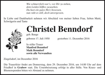 Traueranzeige von Christel Benndorf (geb. Bange)  von Magdeburger Volksstimme